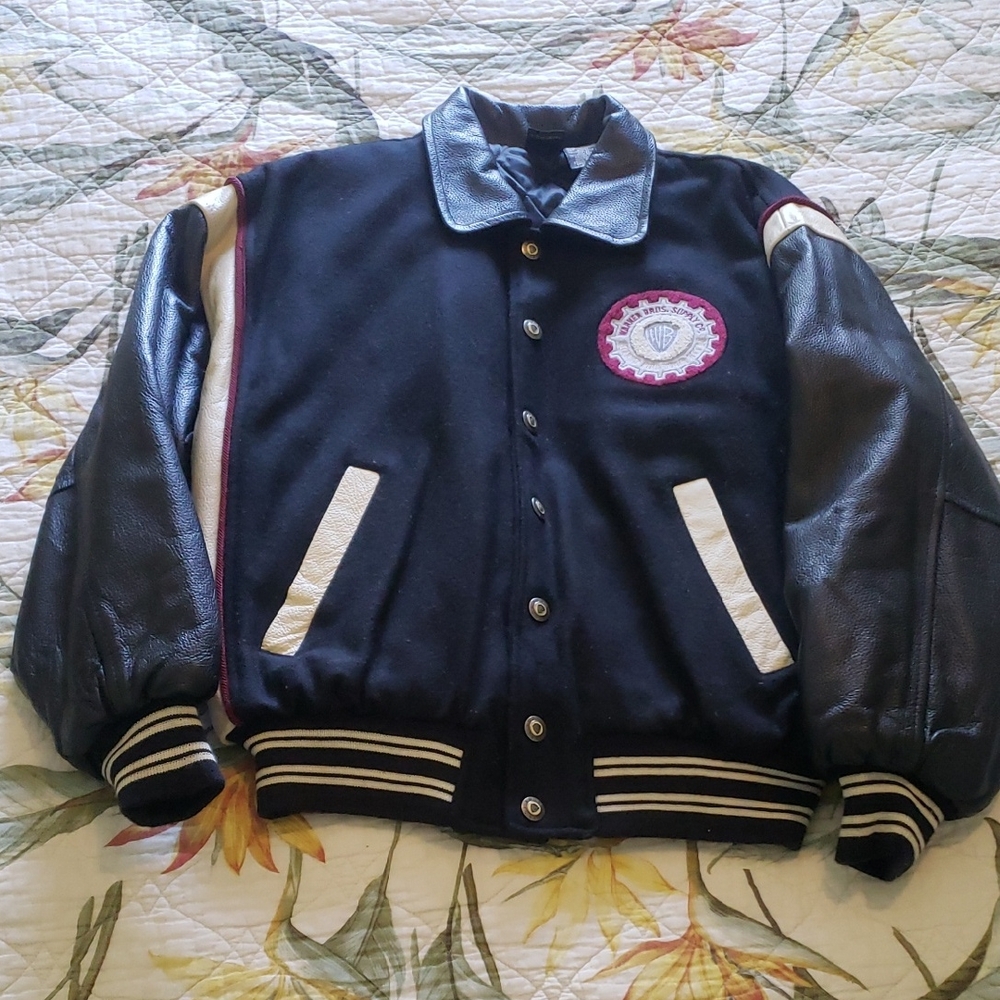 Black Vintage Varsity Jacket Warner Bros. with Leather Sleeves